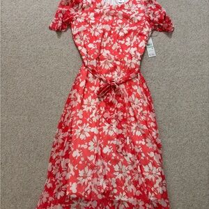 DKNY Floral Red and Cream Midi Dress